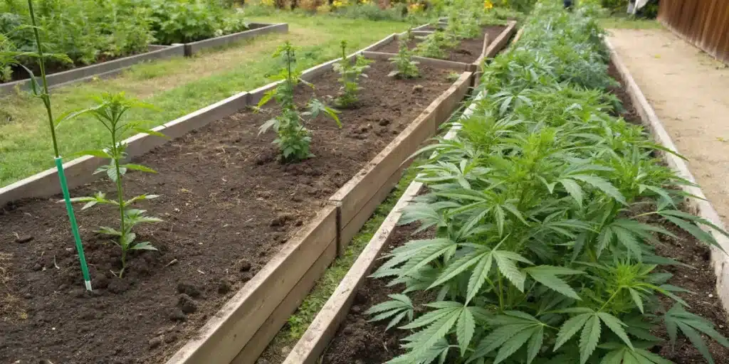 Realistic garden scene comparing organic vs synthetic fertilizer effects on plant growth.