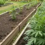 Realistic garden scene comparing organic vs synthetic fertilizer effects on plant growth.