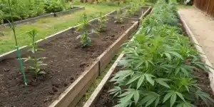 Realistic garden scene comparing organic vs synthetic fertilizer effects on plant growth.