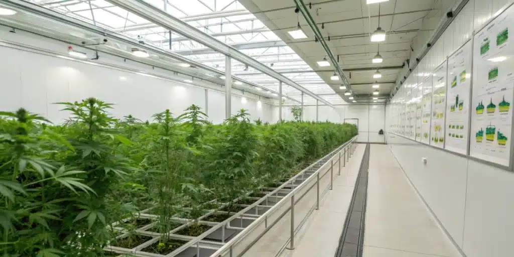 Realistic greenhouse scene showing cannabis plants with charts comparing organic vs synthetic fertilizer impact.