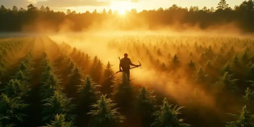 Farmer in cannabis field implementing phytosanitation cannabis methods at sunrise.