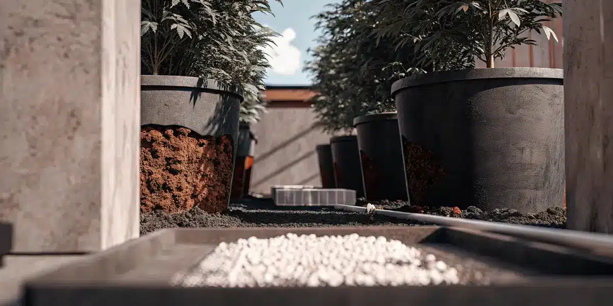 Hyper-realistic image of a low-angle view of large potted cannabis plants in a long row with scattered white granules.