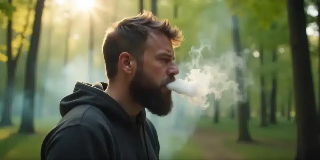 Bearded man exhaling cannabis smoke in the forest, potentially suffering from burnt throat.