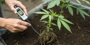 Grower testing cannabis ph range in soil media with a digital pH meter