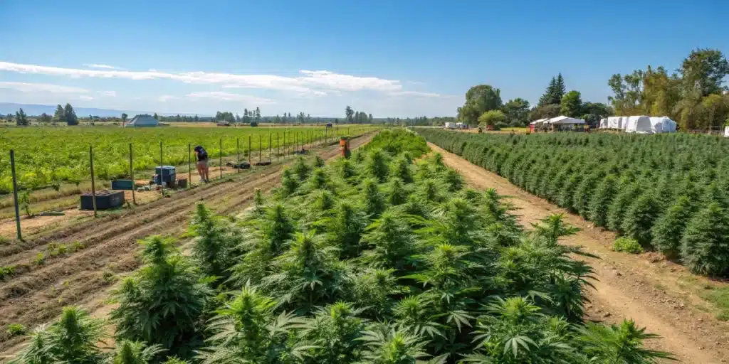 Lush outdoor cannabis field with vibrant plants thriving under natural sunlight.