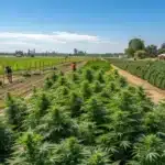 Lush outdoor cannabis field with vibrant plants thriving under natural sunlight.