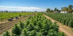 Lush outdoor cannabis field with vibrant plants thriving under natural sunlight.