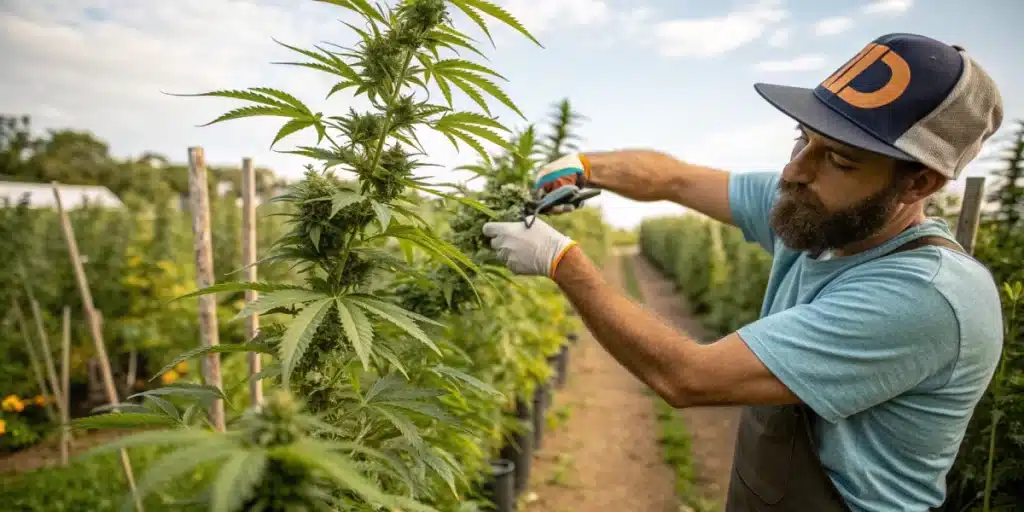Gardener pruning a cannabis plant in a meticulously maintained garden.