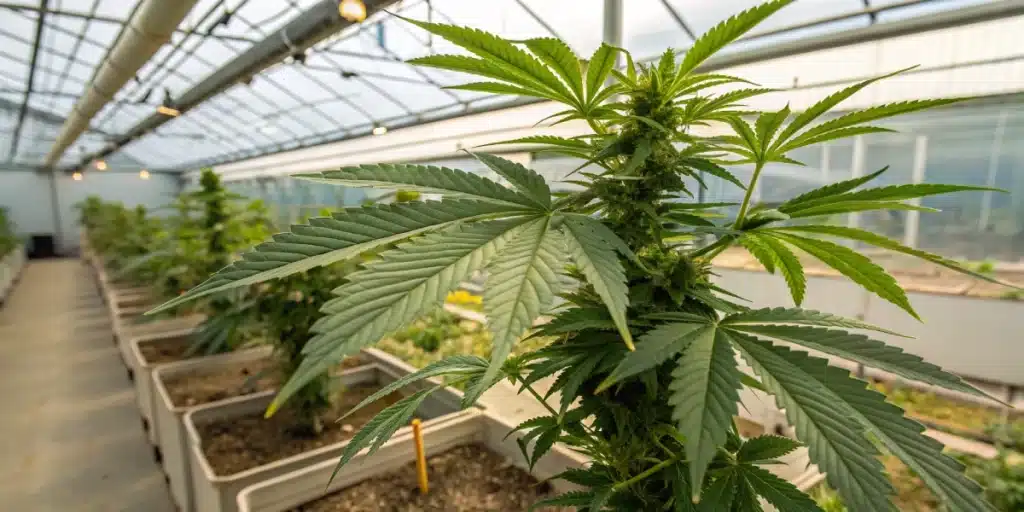 Mature cannabis plant in a greenhouse with strong green leaves and a healthy root system.
