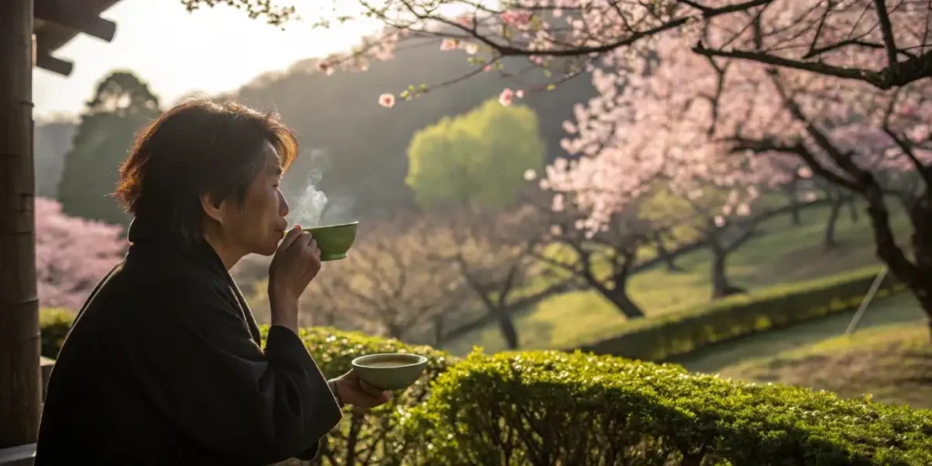 A person sipping green tea in a serene garden with cherry blossoms in the background.