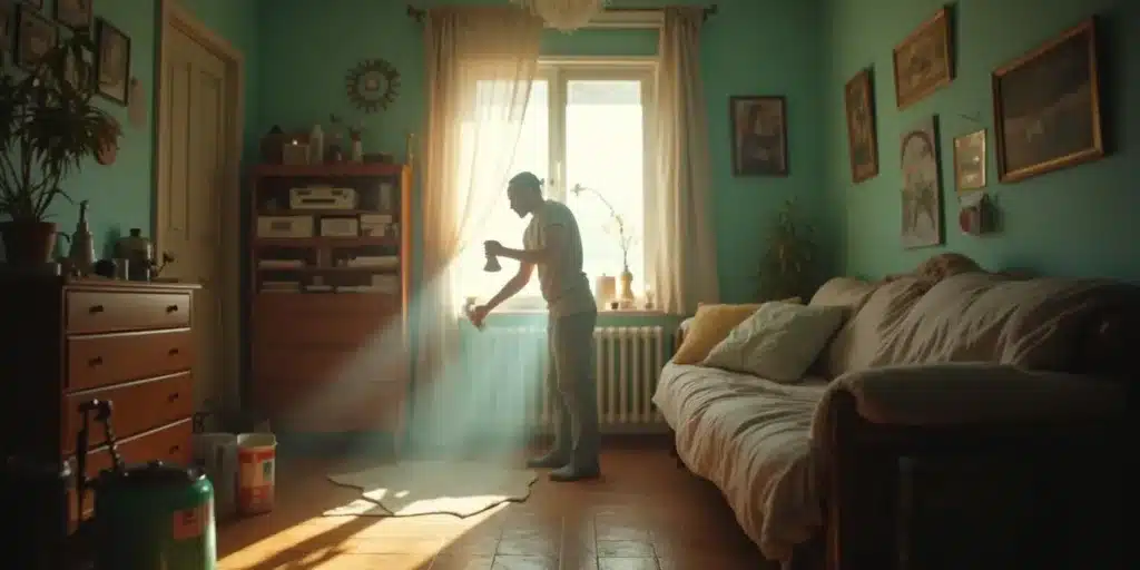 Man spraying air freshener in living room to control weed smell going through walls.