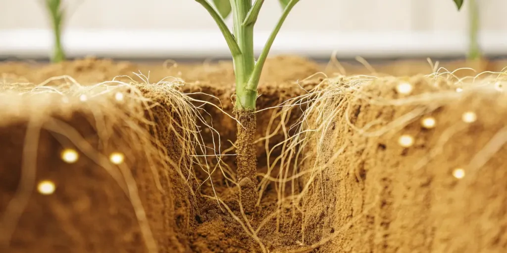 Hyper-realistic image showing a plant with its extensive white root system exposed in dark soil, in a cultivated field.