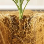 Hyper-realistic image showing a plant with its extensive white root system exposed in dark soil, in a cultivated field.