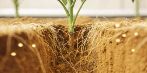 Hyper-realistic image showing a plant with its extensive white root system exposed in dark soil, in a cultivated field.