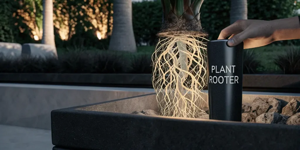 Hyper-realistic illustration of a plant with glowing roots being inserted into a black planter with a "PLANT ROOTER" device, outdoors at dusk.