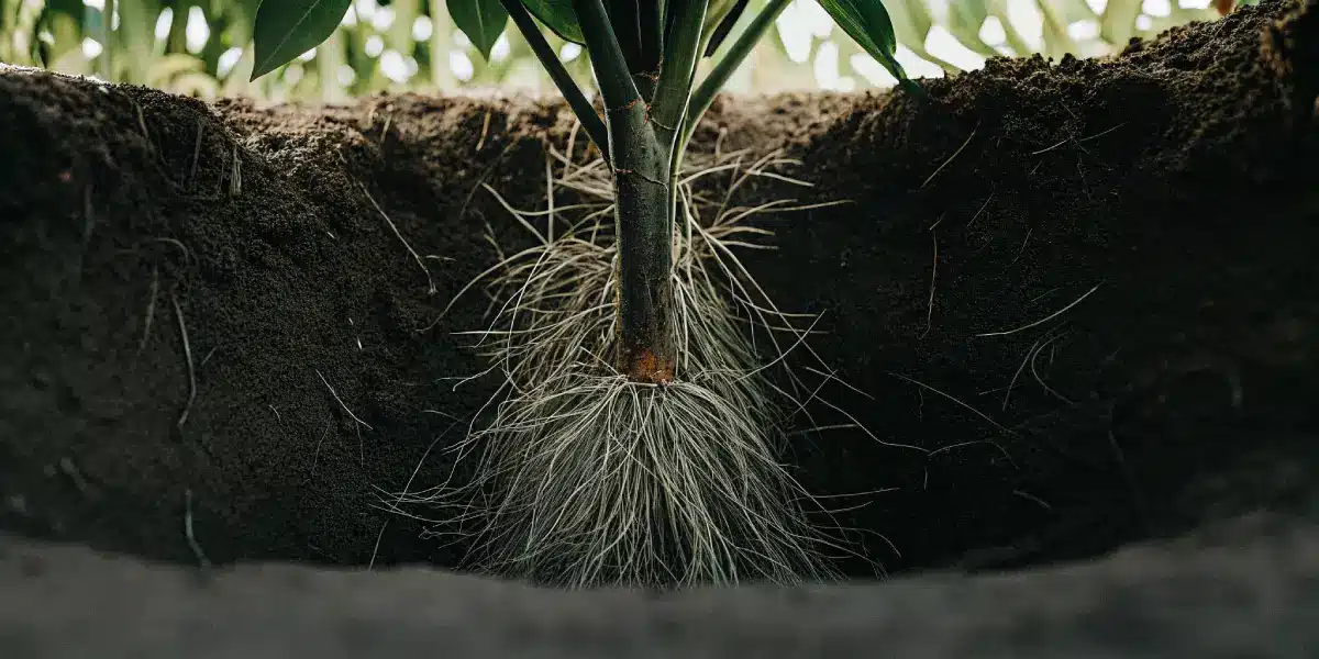 Hyper-realistic image of plant roots in brown soil with glowing nutrient particles, representing nutrient absorption.