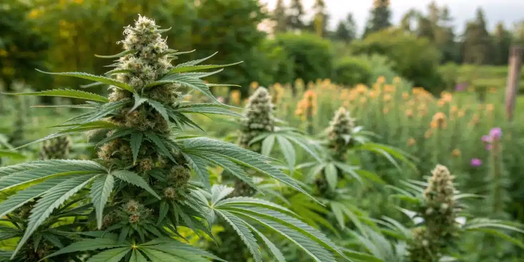 Realistic image showing female cannabis flowers with early seed pods forming after pollination.