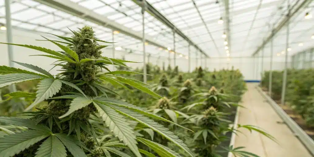 Realistic view of cannabis plants in a greenhouse, highlighting clear seed development after pollination.