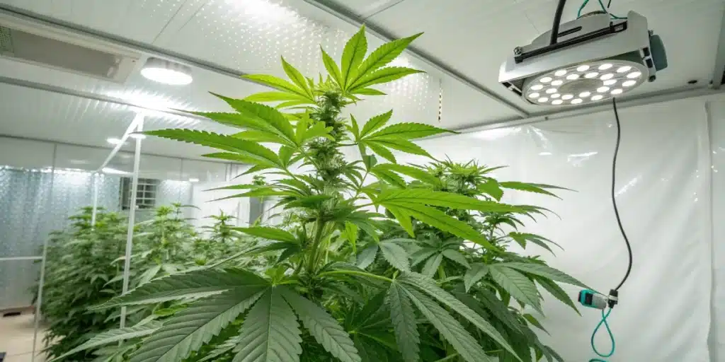 Indoor cannabis plants under circular LED grow lights during flowering stage; keyword: Powerplant FV Strain description.