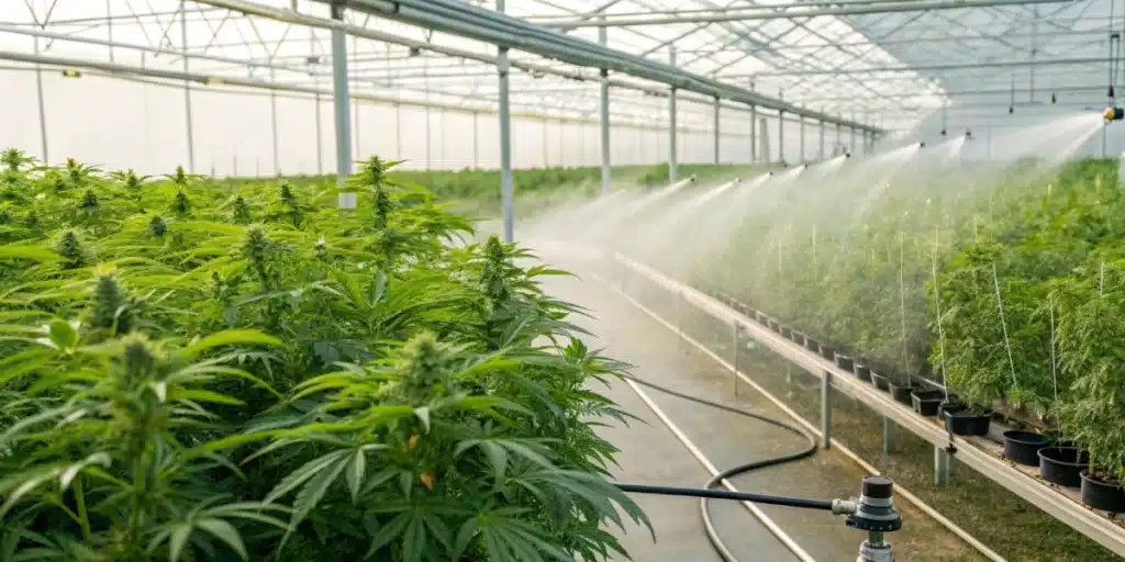 A vibrant scene of nutrient management in a greenhouse with dynamic irrigation systems, capturing the essence of how much can a weed plant produce; alt text: “How much can a weed plant produce with advanced nutrient and water management systems.”