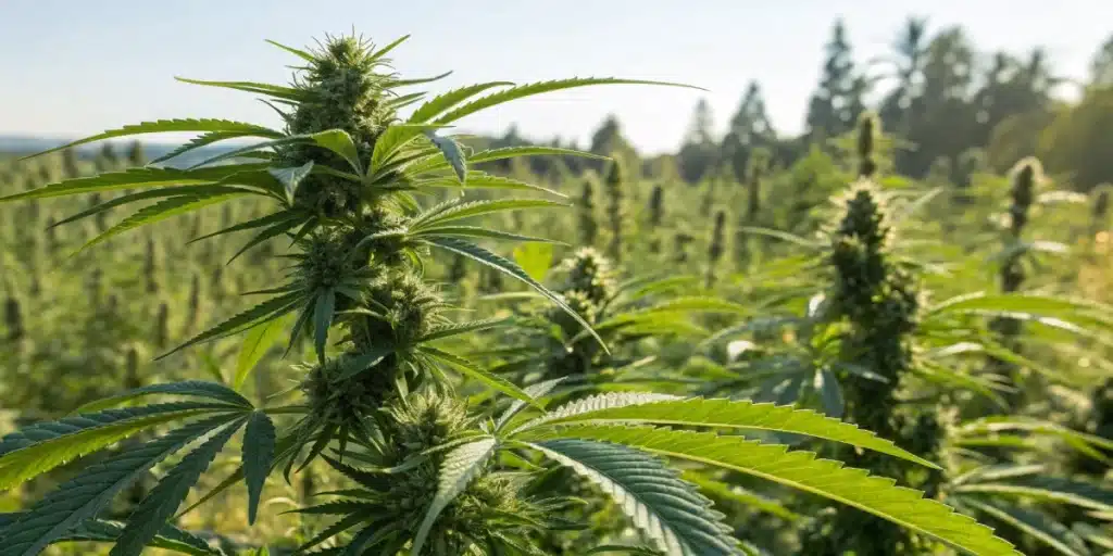 A detailed view of robust outdoor cannabis plants under natural sunlight, emphasizing healthy growth and yield potential; alt text: “How much can a weed plant produce in outdoor fields with natural light.”
