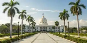 Realistic view of a Dominican Republic legislative building with cannabis law signage, highlighting the current legal status of weed.
