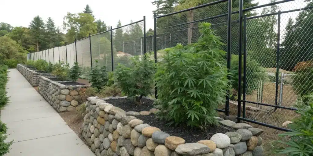Realistic image showing secure fencing and physical barriers in a marijuana garden as an effective home remedy against raccoons.