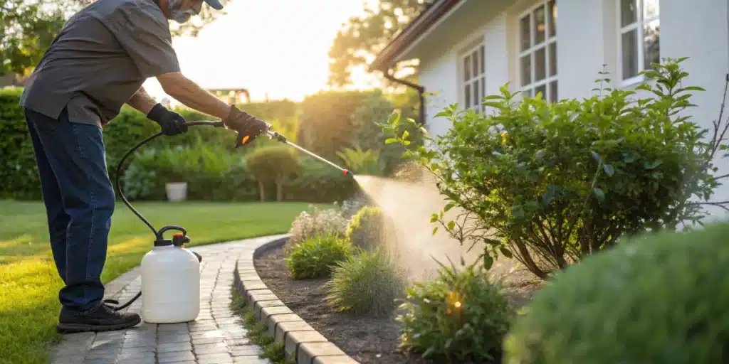 Realistic image of a homeowner spraying a natural repellent as part of a home remedy to deter raccoons from marijuana plants.