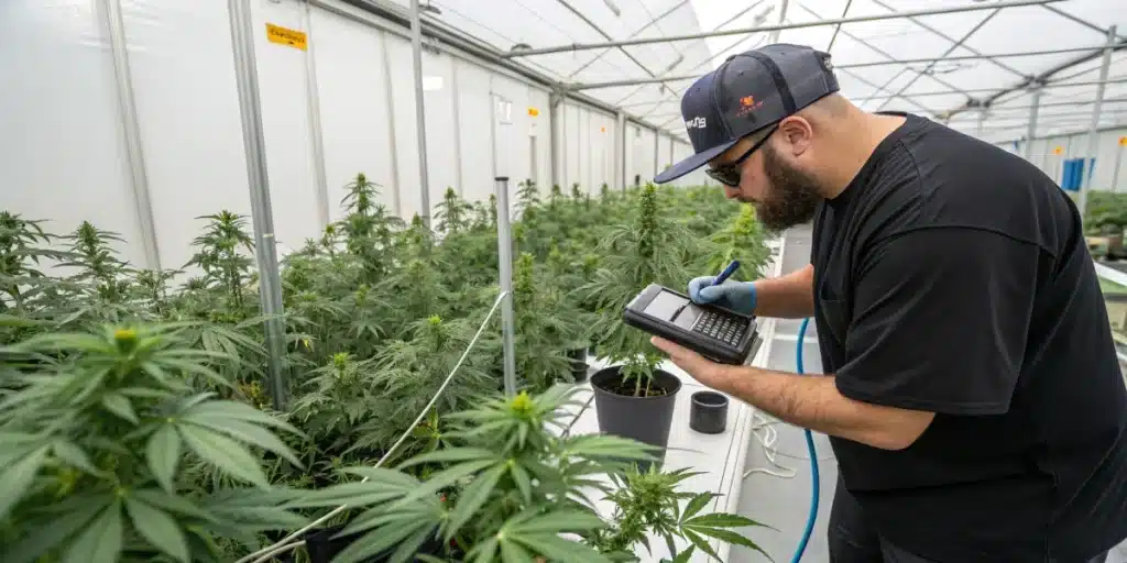 Cannabis grower analyzing Rainbow Kush Autoflowering plants in a greenhouse with digital tools and healthy green foliage