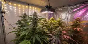 Indoor cultivation of Rainbow Kush Autoflowering under LED grow lights with dense buds and vibrant purple and green tones.