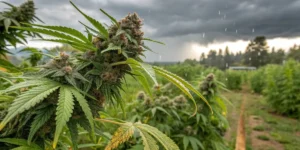 Hyper-realistic close-up of a cannabis plant with dense buds under dark, rainy sky in an outdoor field.