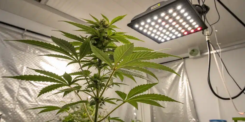 ndoor-grown Red Skunk Kush Weed Strain under LED grow lights with vibrant green leaves and dense budding tops.