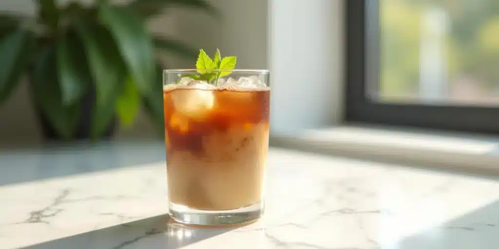ced CBD coffee drink with milk, mint, and bright sunlight on a marble surface.