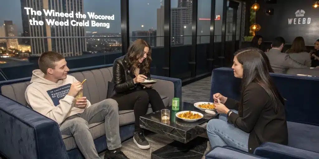 An engaging scene featuring consumers enjoying resin-infused edibles at a stylish indoor lounge, illustrating the innovation behind does weed resin get you high in a contemporary, urban atmosphere.