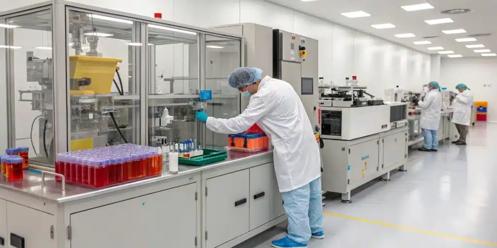 A realistic photograph of a modern extraction setup in a clean laboratory, highlighting the precision behind does weed resin get you high with vibrant equipment and active technicians.