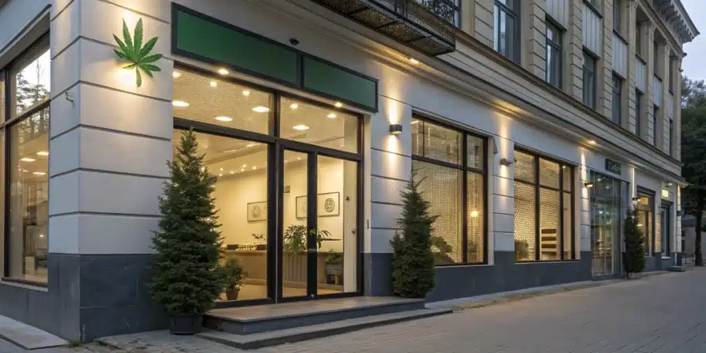 Realistic image of a legal cannabis dispensary in Romania that reflects current Romania Weed Laws and updated regulatory standards.