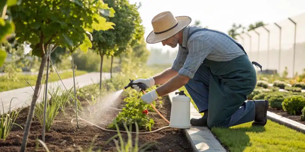 Realistic image of a gardener using a root booster for plants to improve root health and overall growth.