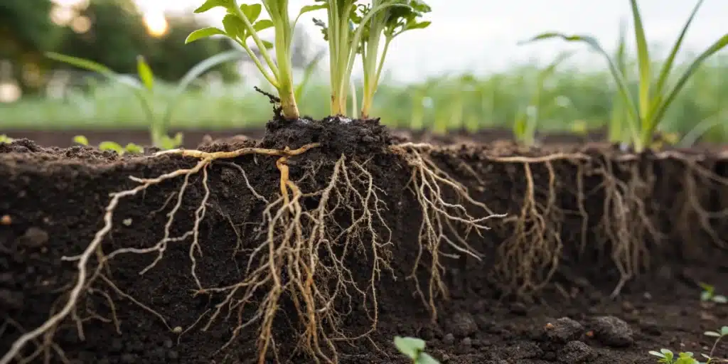 Close-up realistic image showcasing enhanced plant roots after using a root booster for plants.