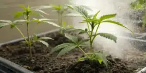 Realistic photo of young cannabis plants receiving rooting powder for a boost in early root growth.