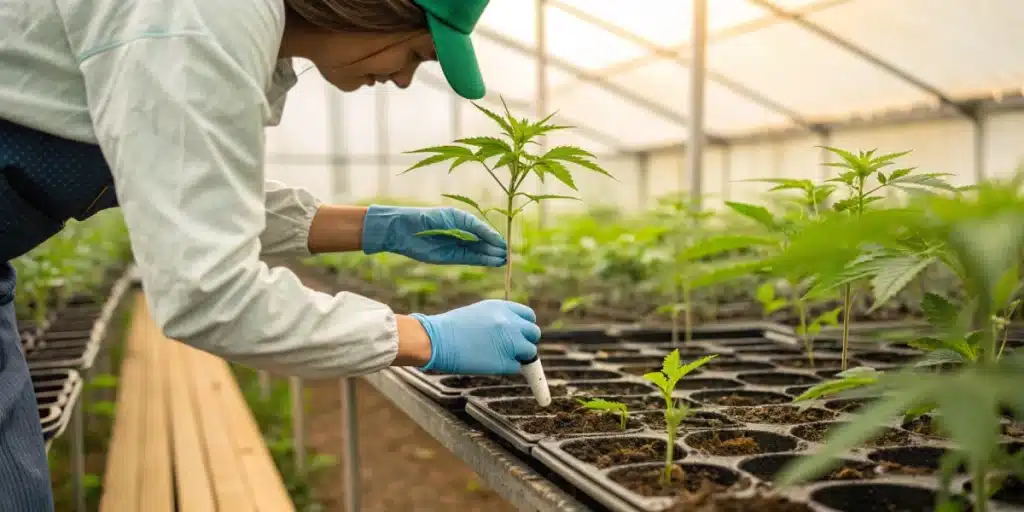 Realistic image of a horticulturist applying rooting powder to young cannabis plants for a boost in root development.