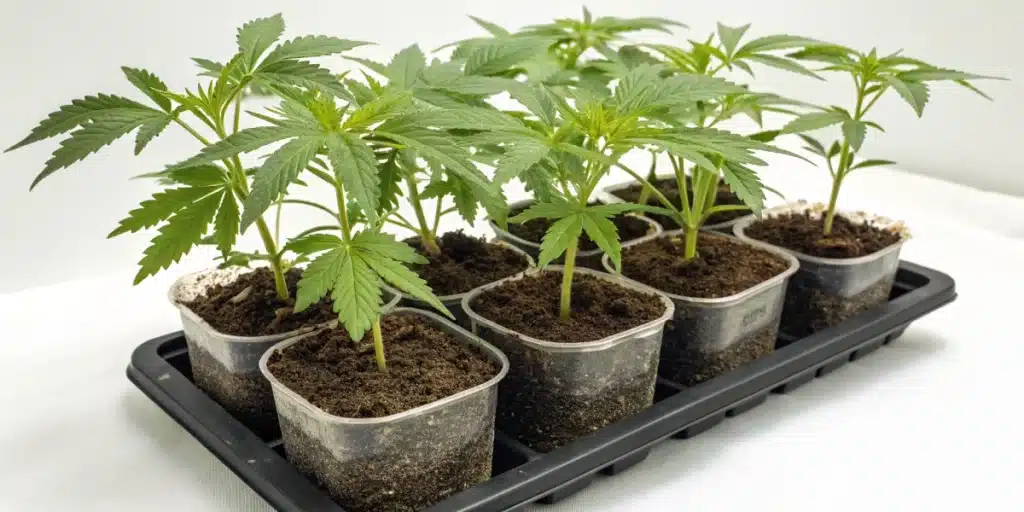 Realistic view of young cannabis clones boosted with rooting powder, showing enhanced root development in a growth tray.
