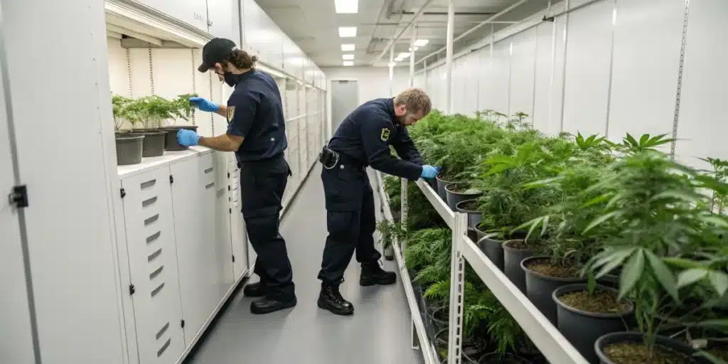 Officers cataloguing seized cannabis plants in evidence room under russia weed laws regulations.