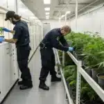 Officers cataloguing seized cannabis plants in evidence room under russia weed laws regulations.