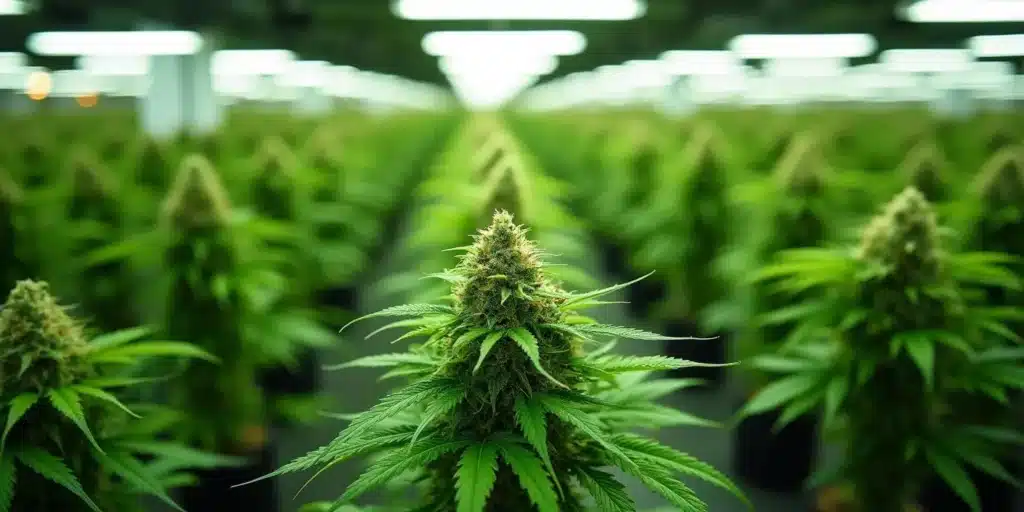 Close-up of cannabis plants grown using the SOG method under LED lights.