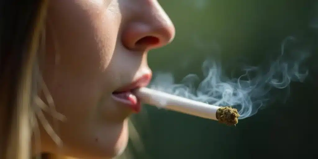 Close-up of a woman smoking a cannabis joint.