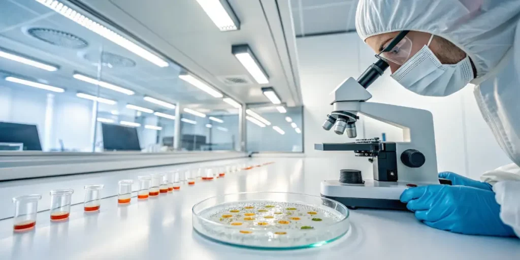 Scientist examining flavonoid samples in a petri dish under a microscope in a modern laboratory.