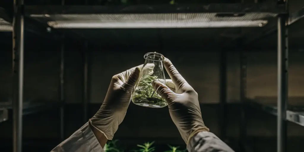 A pair of gloved hands holding a transparent glass flask with cannabis plants inside, in a laboratory.