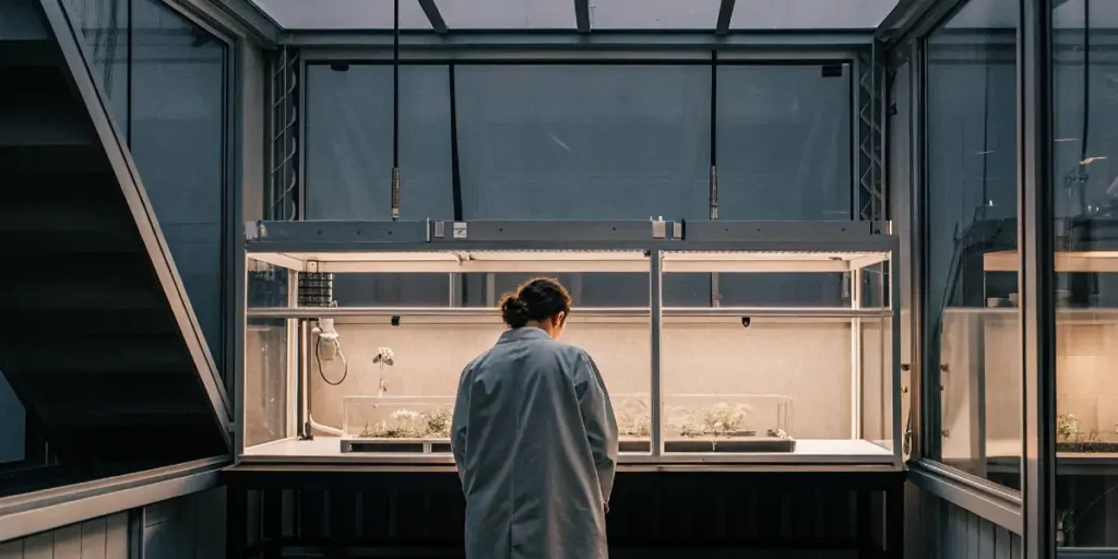 Scientist in a lab coat observing a 3D model of a cannabis plant in a laboratory setting.