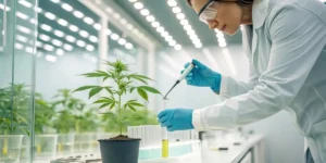 Scientist in a lab coat applying a solution to a cannabis plant in a laboratory.