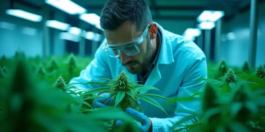 Scientist checking cannabis plant health as part of phytosanitation cannabis testing.